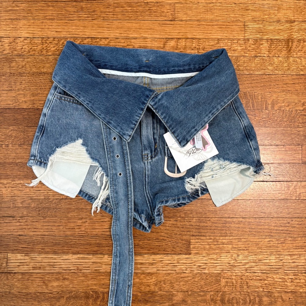 Distressed Denim Shorts Womens‎ L High Waist Belted Ripped Cuffed Jean
